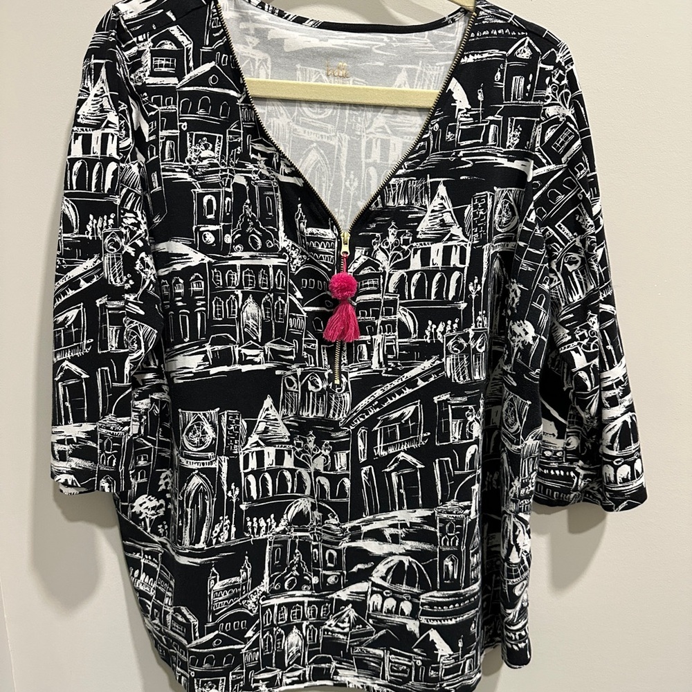 Belle by Kim Gravel Black and White Cityscape Top with Pink Accent